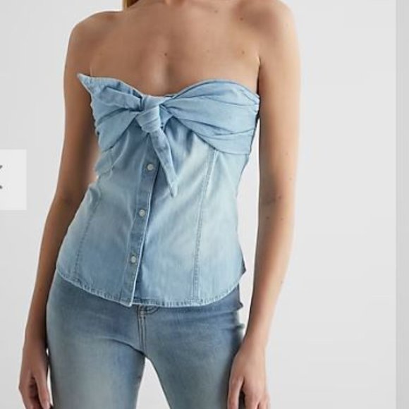 Express Tops - Express Denim Bow Button Up Tube Top  Size Medium